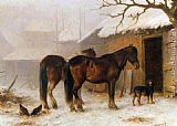 Farm Canvas Paintings - Horses in a Snow Covered Farm Yard